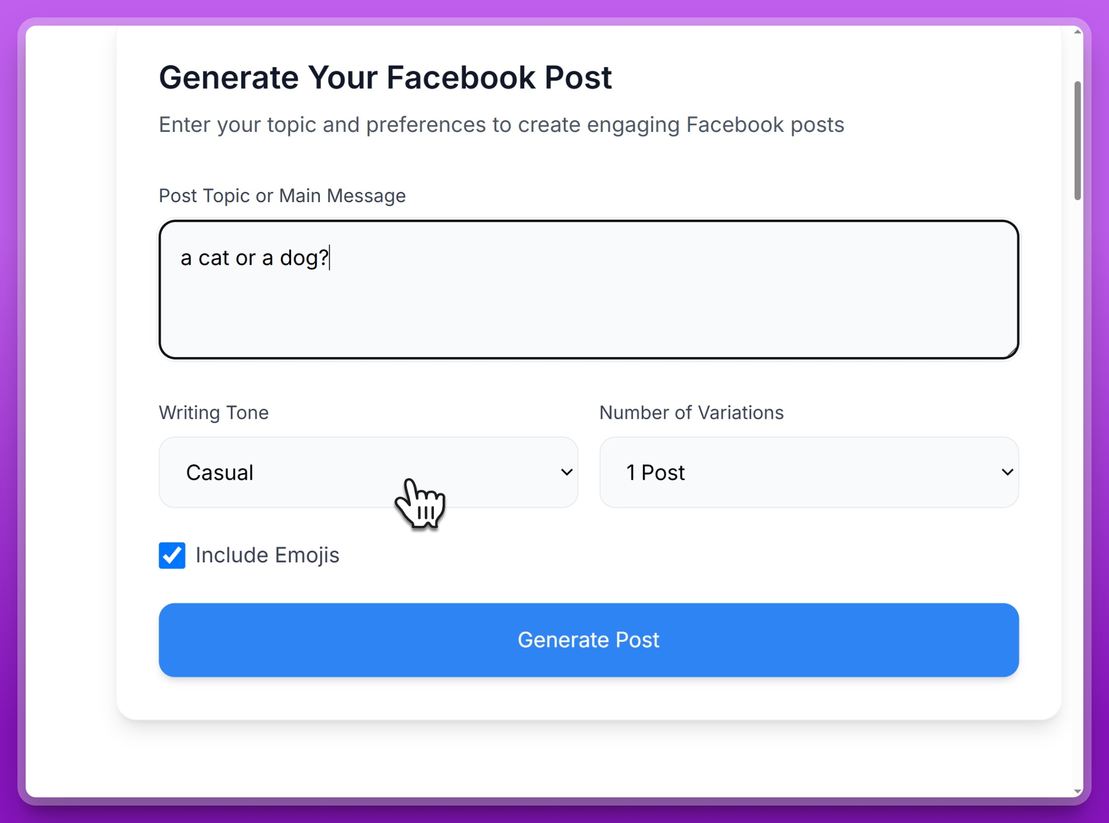 Facebook Post Generator showing tone selection dropdown and number of variations options with emoji checkbox